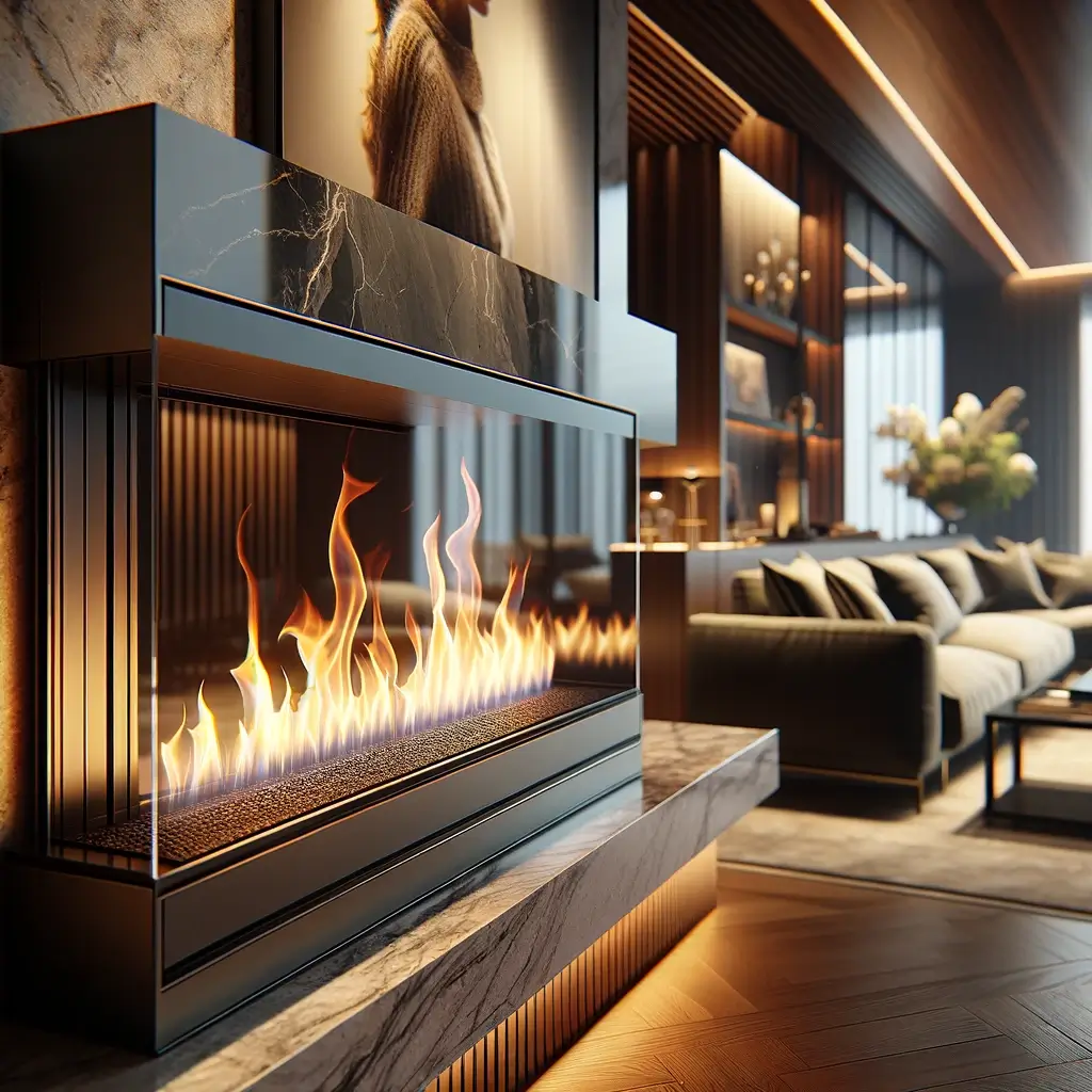 Living modern amenajat cu un semineu pe bioetanol elegant încorporat într-o bibliotecă personalizată, oferind o atmosferă călduroasă și contemporană fără necesitatea unui coș de fum.