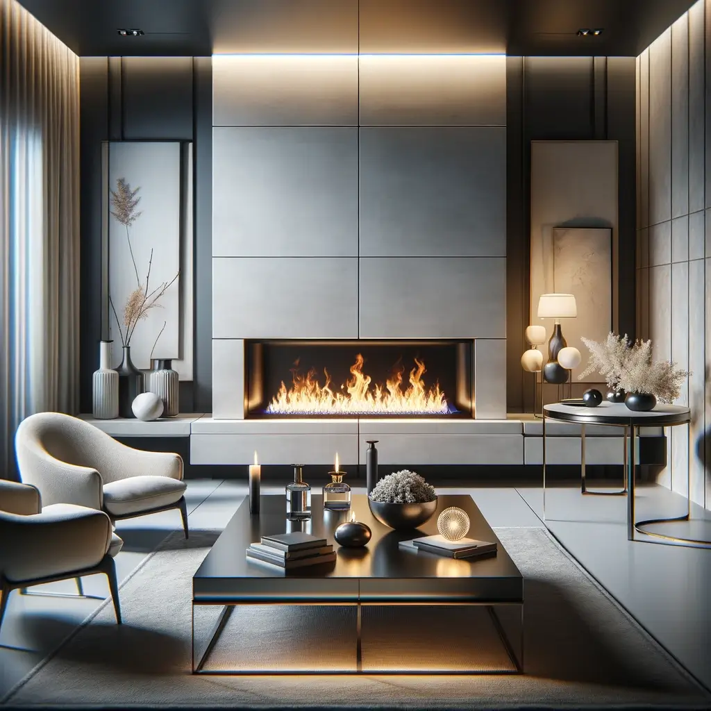 Semineu bioetanol cu design minimalist amplasat central într-o cameră spațioasă, creând un punct focal impresionant și o sursă de căldură eficientă fără emisii dăunătoare.