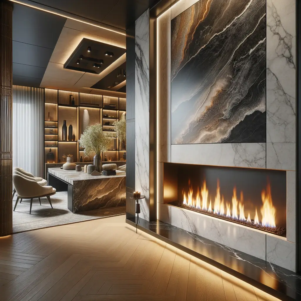 Semineu pe bioetanol de perete cu finisaje de lux și flacără vie, adăugând o notă de eleganță și confort într-un spațiu modern de living sau birou.