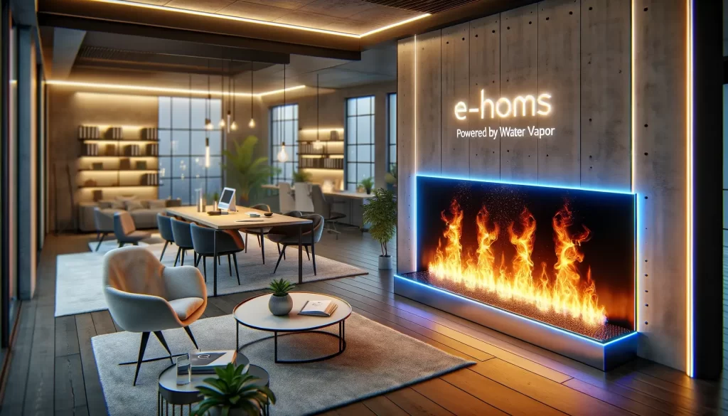 spatiu e-homs cu prezentarea semineului electric bioetanol si 3d cu vapori apa